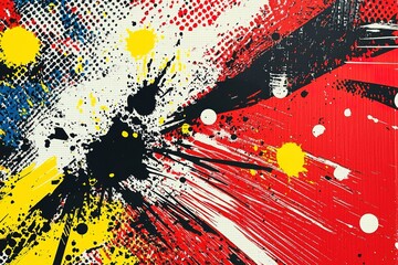 Abstract painting with splatters and splodges in various colors creating a chaotic effect