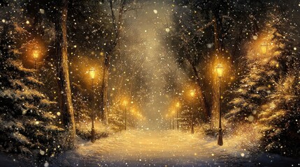 Snowy winter park path, glowing lamps, snowfall, festive background, holiday card
