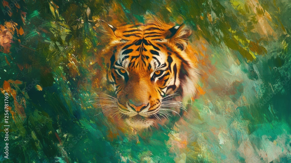 Fototapete Vibrant impressionist tiger portrait set in a lush jungle with ample space for text or additional imagery. Generative AI