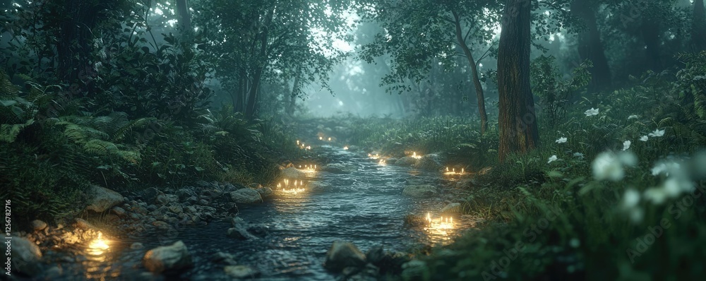Poster glow forest idea. a serene forest stream with glowing lights and lush greenery under a misty atmosph