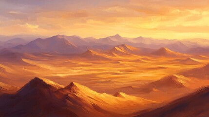 Naklejka premium Golden Desert Sunset Panorama Mountains, Sands, Game Background