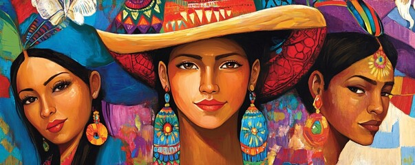 Three latin american women posing in vibrant headdresses and traditional attire