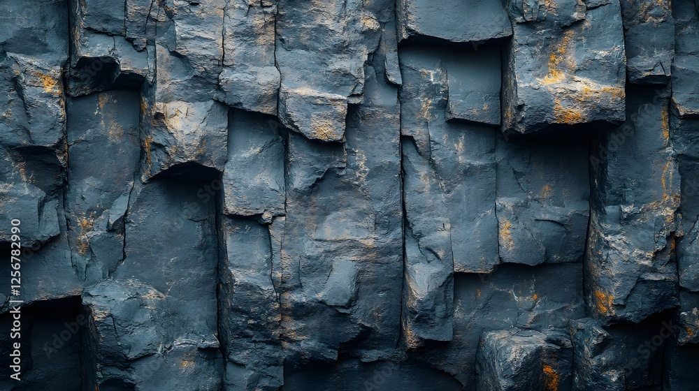 Poster close-up view of a dark blue rock wall with irregular blocks. rough texture. natural stone formation