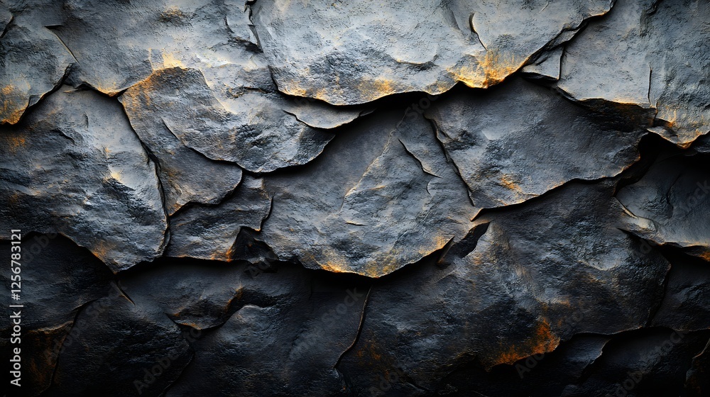 Poster Close-up of a dark grey rock face with golden highlights, showcasing a rough texture and abstract pattern. Macro Texture Backgrounds. Dark Grey and Golden Hues