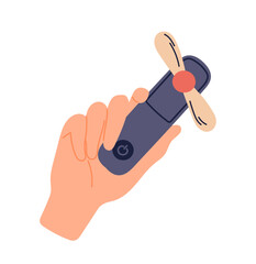 Modern portable fan. Hand with portable cooler and conditioner. Summer season heat. Ventilation and circulation. Template and layout. Flat vector illustration isolated on white background