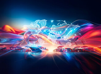 Double exposure image of a world map blended with a vibrant port scene featuring cargo ships and containers.  Bright light streaks convey global logistics and connectivity.
