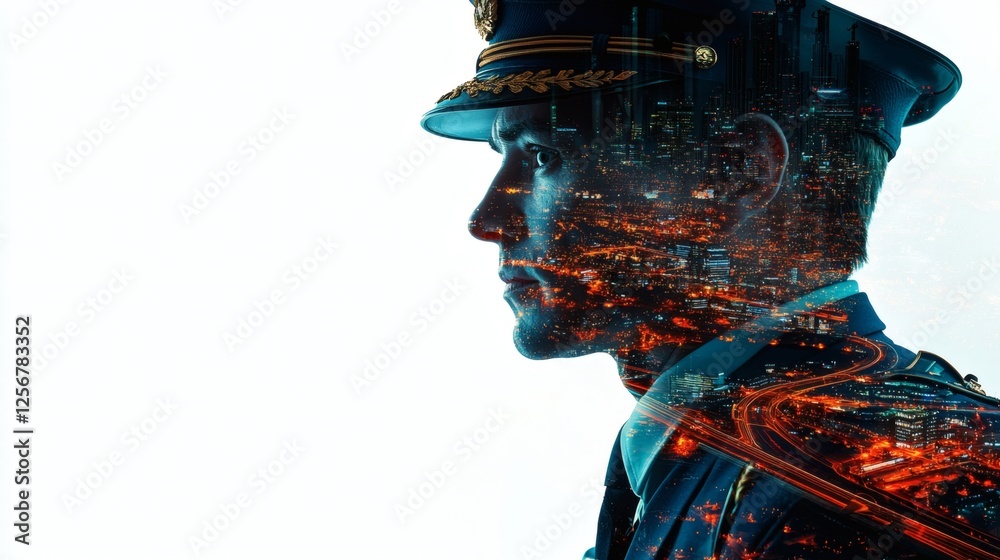 Poster double exposure of a pilots face blended with a world map and flight routes, concept of global aviat