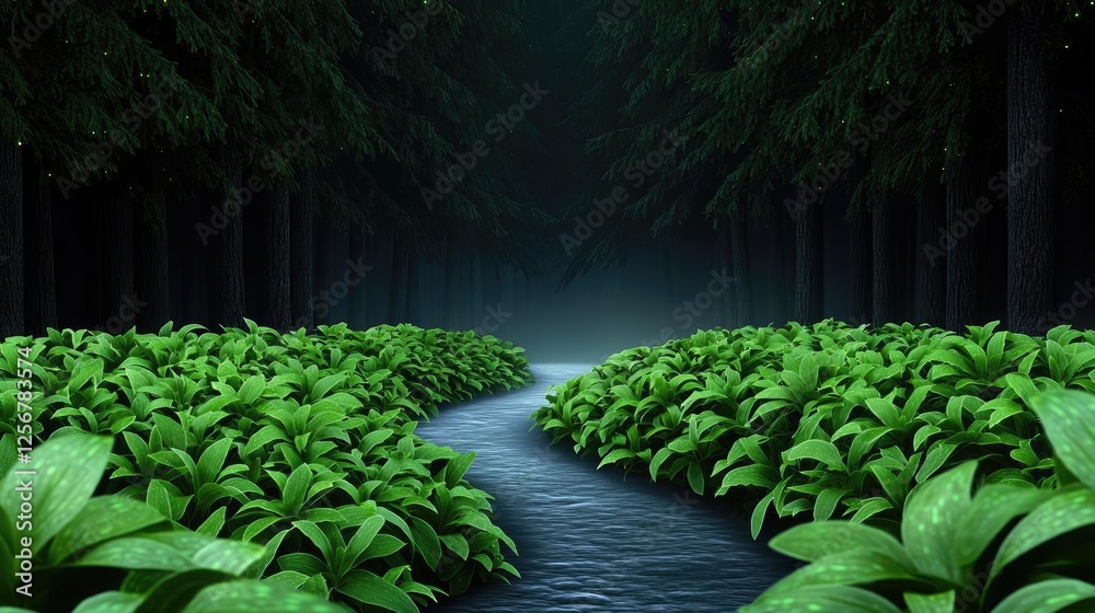 Aufkleber glow forest idea. a tranquil forest scene with lush green plants and a serene flowing stream.