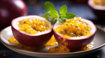A close-up shot of two halves of a passion fruit on a plate