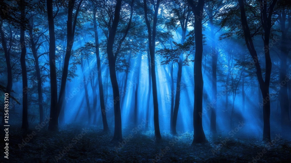 Poster Glow forest concept. Mysterious forest illuminated by soft blue light, creating an enchanting atmosphere.
