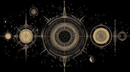 Abstract celestial design, cosmic symbols, ornate circles, digital art, wallpaper