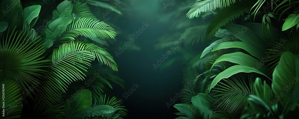 Poster Glow forest concept. Lush green foliage creating a serene and tranquil jungle atmosphere.