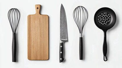 Minimalist flat lay of essential kitchen tools including a chefs knife, whisk, and cutting board, representing professional cooking, isolated on white background, Stock Photo with side copy space