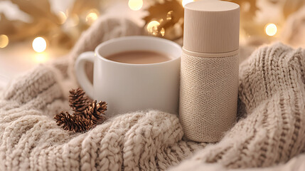 Cozy Coffee Break:  A warming drink next to a thermos surrounded by a chunky knit blanket.