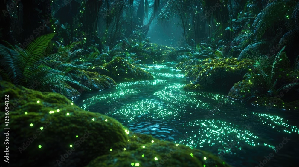 Poster Glow forest concept. Enchanted forest scene with glowing lights illuminating a tranquil stream.