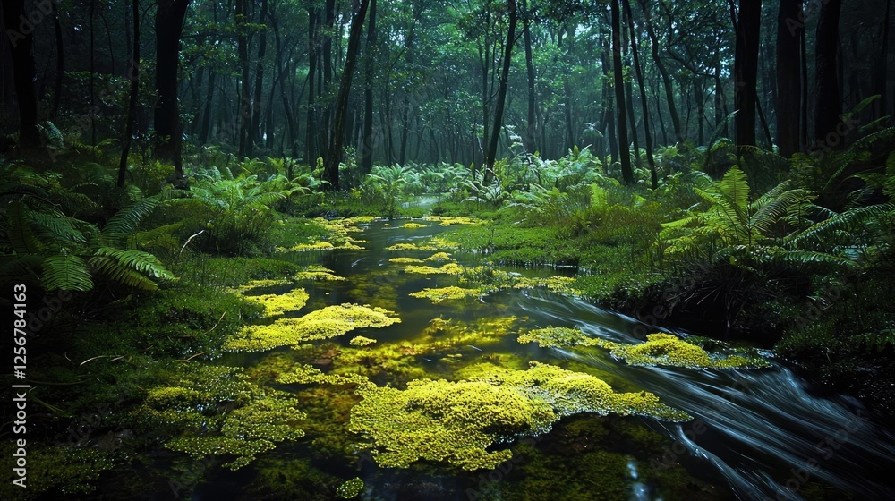 Poster glow forest concept. lush green forest with a serene stream and vibrant flora in a tranquil setting.