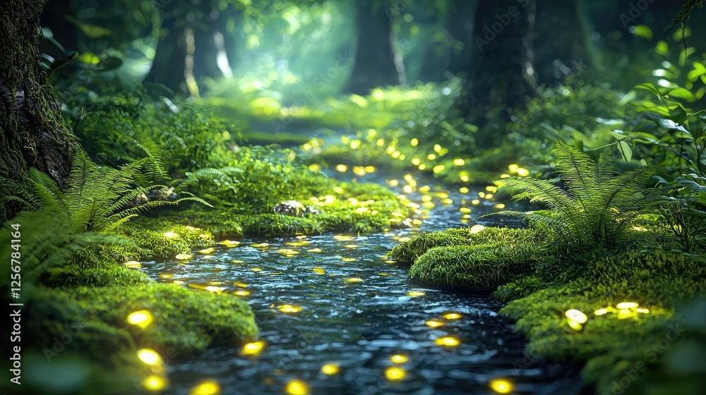 Aufkleber glow forest concept. a serene forest stream illuminated by glowing fireflies under a misty canopy.