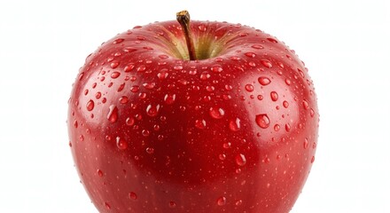 Vibrant Red Apple with Water Droplets on White Background