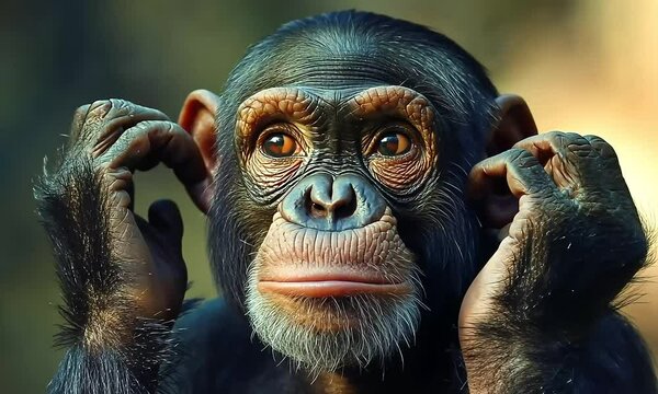 Ape With Hands Over Ears, Representing "Hear No Evil