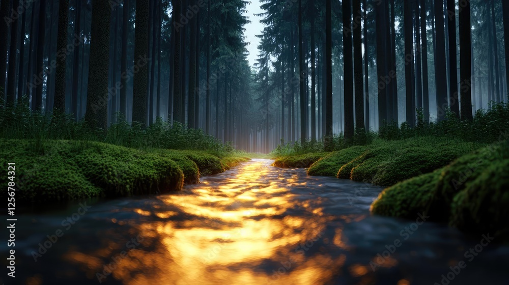 Aufkleber glow forest idea. a serene stream glimmers in the golden light through a dense, misty forest.