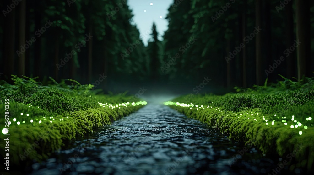 Poster Glow forest concept. A serene forest stream, illuminated by bioluminescent plants and soft evening light.