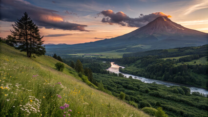 Fototapeta premium Majestic mountain at sunset with river winding through lush green valley and wildflowers