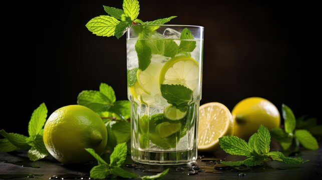 A refreshing mojito cocktail with mint leaves and lime wedges. - Powered by Adobe