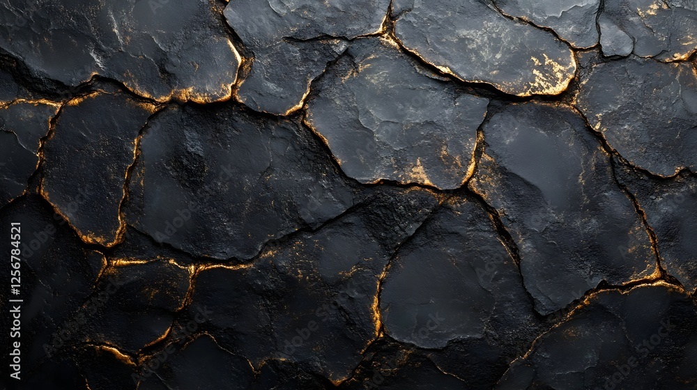 Poster close-up of a dark rock formation with gold accents. abstract and textured. macro texture background