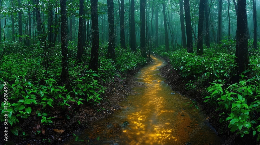 Poster glow forest idea. serene forest path with lush greenery and sunlight reflecting on the water surface