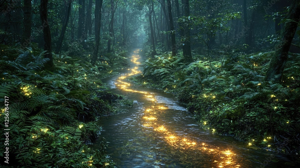 Aufkleber glow forest idea. a serene forest stream illuminated by glowing lights, surrounded by lush vegetatio