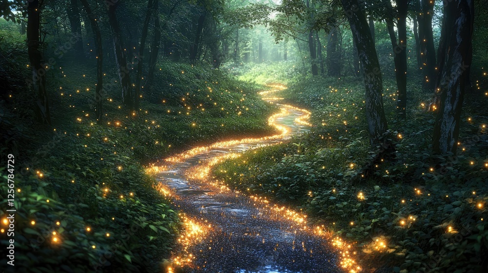 Aufkleber glow forest idea. a serene forest scene with a glowing river winding through lush greenery and trees