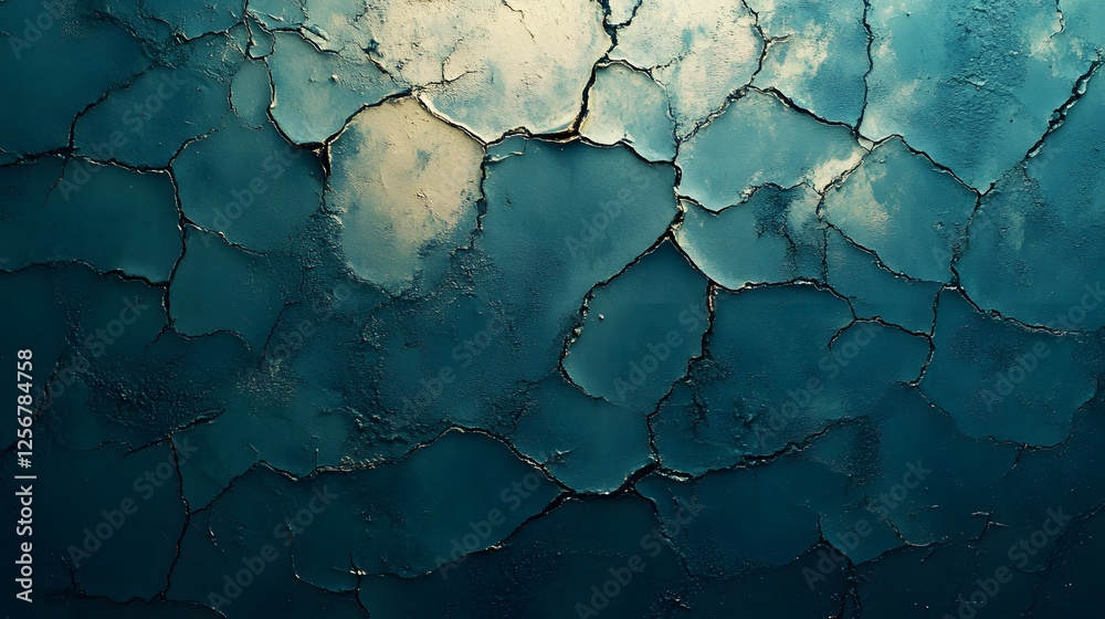 Poster Close-up abstract image of a teal cracked surface. Deep hues and fractured patterns create a visually striking texture. Macro Texture Backgrounds. Abstract Teal Cracked Texture