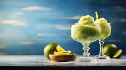 Two frozen lime margaritas with salted rims and a sprinkle of lime zest.