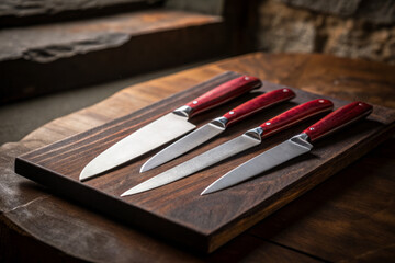 Four sharp kitchen knives with red wooden handles on dark wooden cutting board