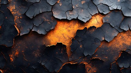 An abstract image showcasing a dark, cracked volcanic texture with fiery orange glow. Perfect for backgrounds. Macro Texture Backgrounds. Abstract Dark Volcanic Texture: Cracked Earth,