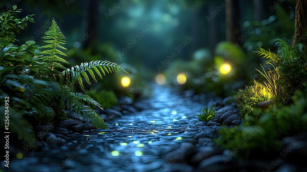 Poster Glow forest idea. A serene forest scene with a gently flowing stream and soft glowing lights.
