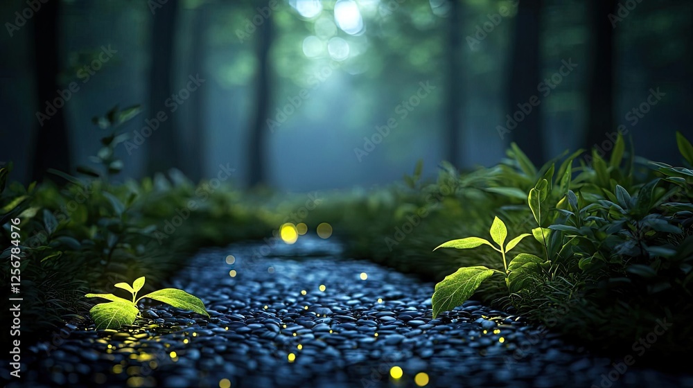 Aufkleber glow forest idea. a serene forest scene with glowing plants by a tranquil river at dusk.