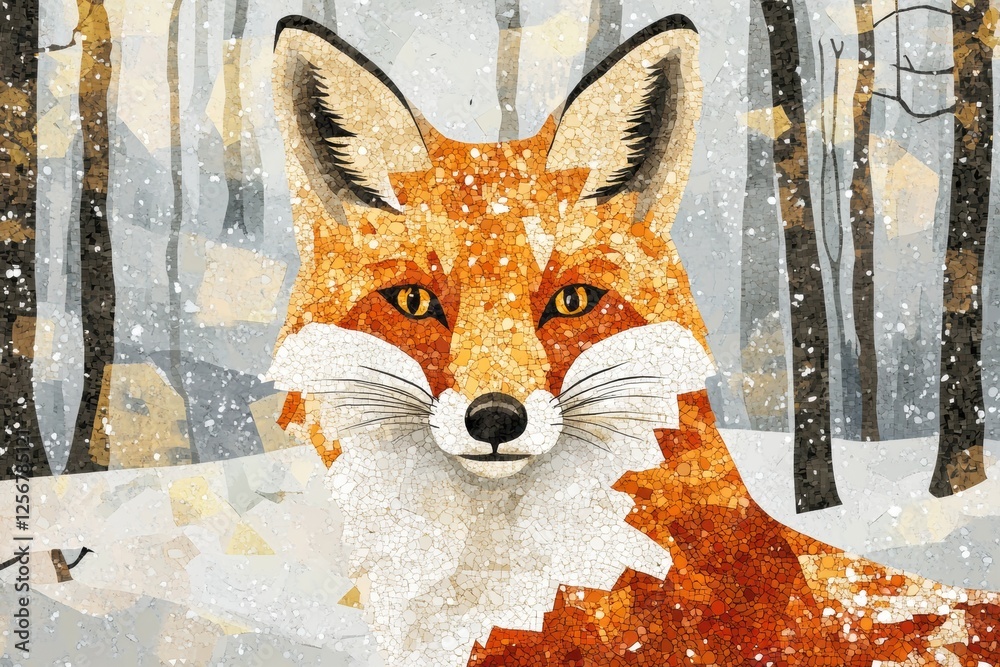 Aufkleber intricate mosaic fox portrait amidst snowy forest showcasing detailed tessellated patterns. generati