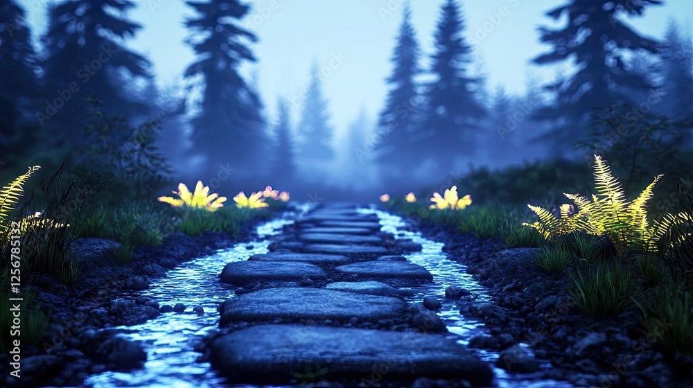 Aufkleber glow forest concept. a serene pathway surrounded by lush vegetation and misty forest atmosphere.