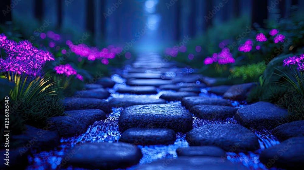 Poster glow forest concept. a tranquil pathway lined with stones, illuminated by vibrant flowers in a seren