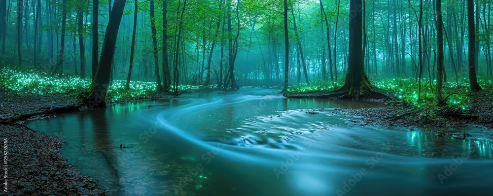 Poster Glow forest idea. Serene forest scene with a tranquil stream and glowing foliage under soft blue light.
