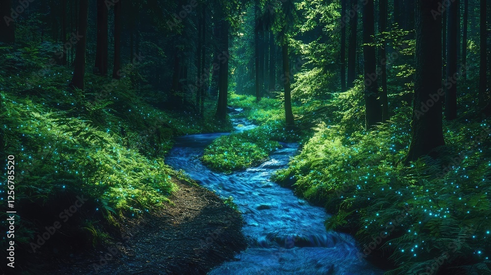 Poster glow forest idea. tranquil forest stream surrounded by lush greenery and vibrant nature in serene at