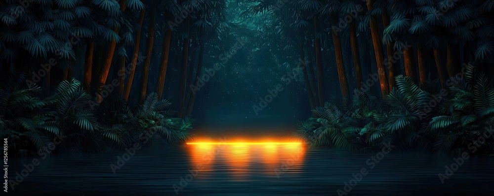 Poster glow forest idea. serene forest scene with glowing water reflecting lush greenery and moonlight ambi