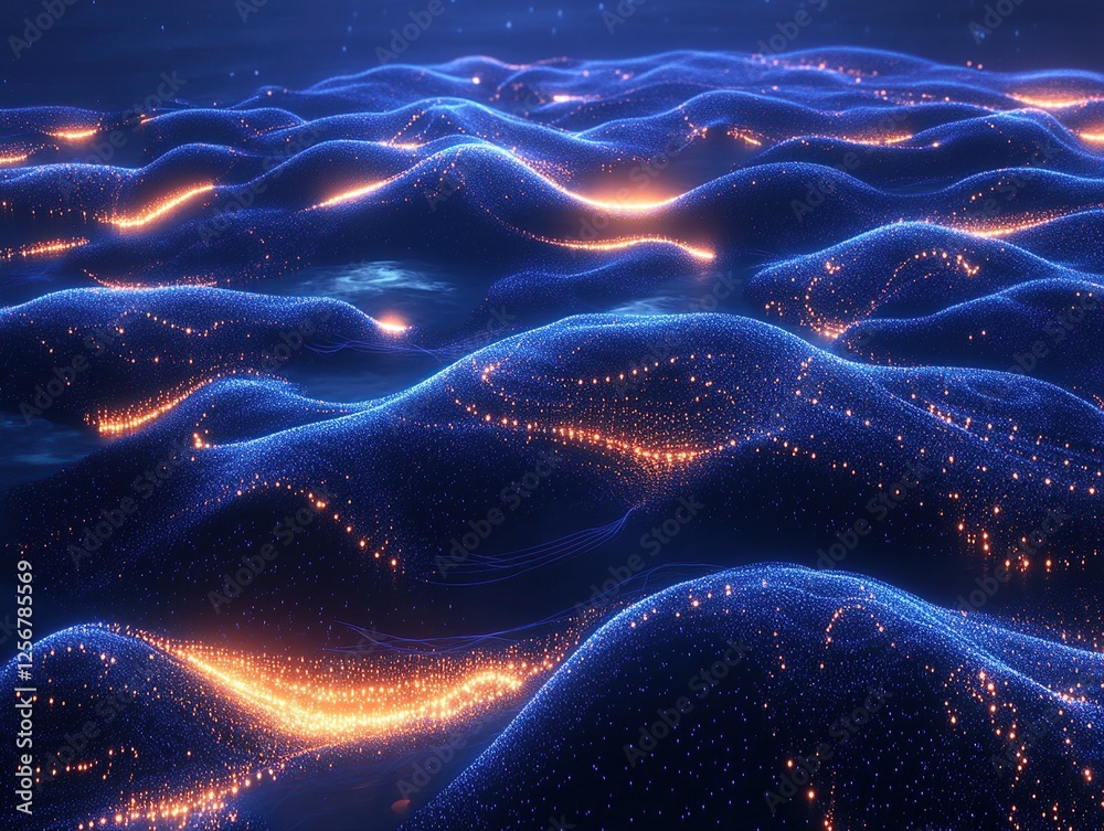 Poster glowing particle waves flow dynamically across a digital landscape, abstract 3d animation