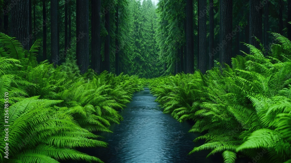 Aufkleber glow forest concept. lush green ferns lining a tranquil stream in a serene forest landscape.