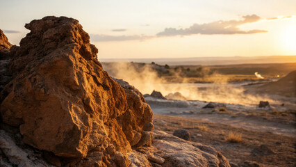 Obraz premium Golden sunlight bathes rugged rocks in steaming geothermal landscape at sunset