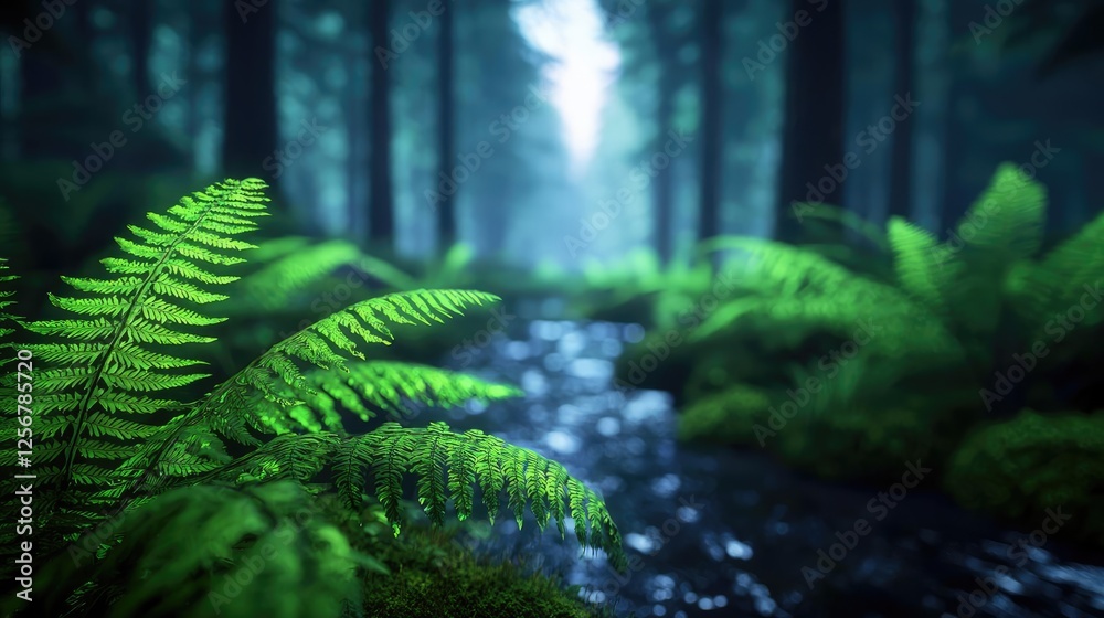 Poster Glow forest concept. Lush ferns and serene stream in a tranquil forest setting, bathed in soft natural light.