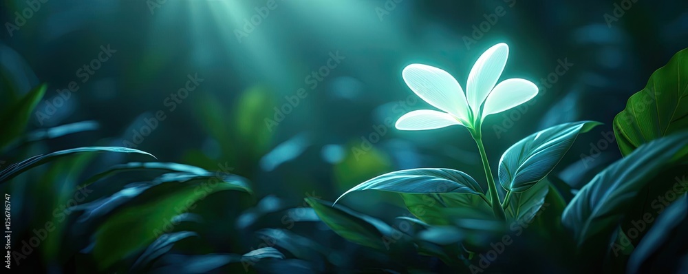 Aufkleber glow forest concept. a serene view of a single glowing plant surrounded by lush green foliage and li