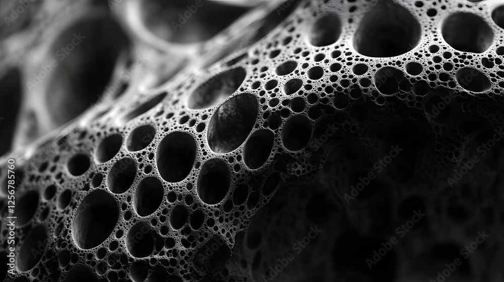 Aufkleber Close-up of a textured, porous surface. The image features various sized holes and a monochrome color scheme. Intricate detail is prevalent. Macro Texture Backgrounds. Porous Surface Intricate Details