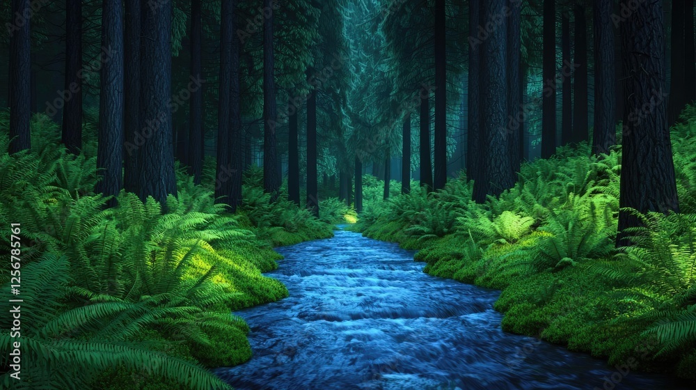 Aufkleber glow forest concept. serene forest scene with lush greenery and a tranquil blue stream flowing throu